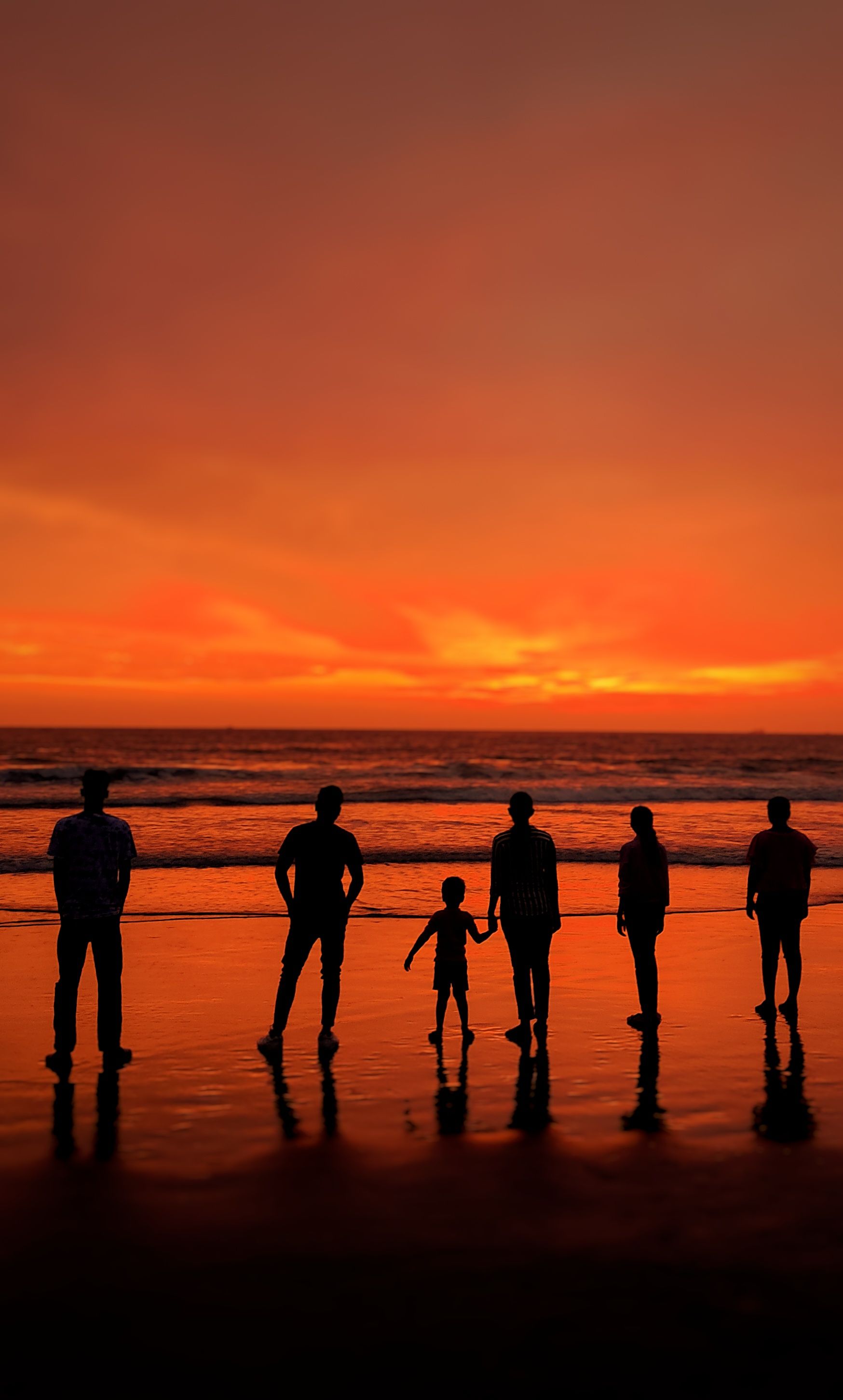 A family and neighbors stand together in silhouette along the shoreline at a red and gold sunset, a child holding an adult's hand